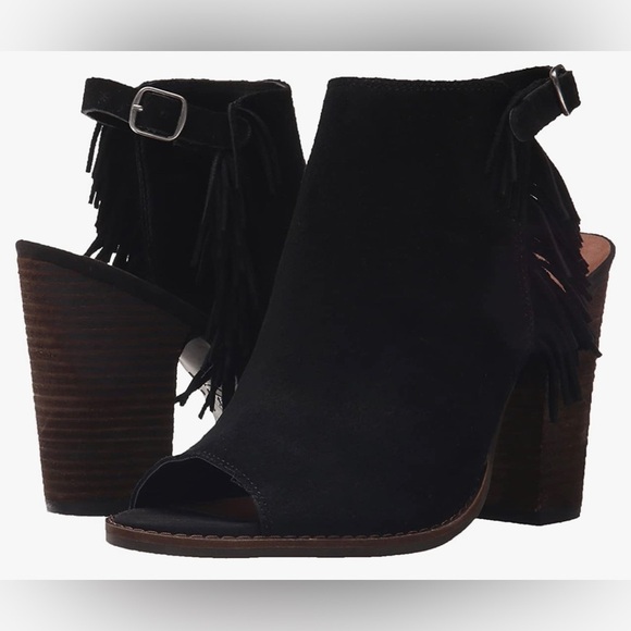NEW Lucky Brand Suede Fringe Boho Open Toe Stacked Block Heel Sandal Shoe - Picture 1 of 13